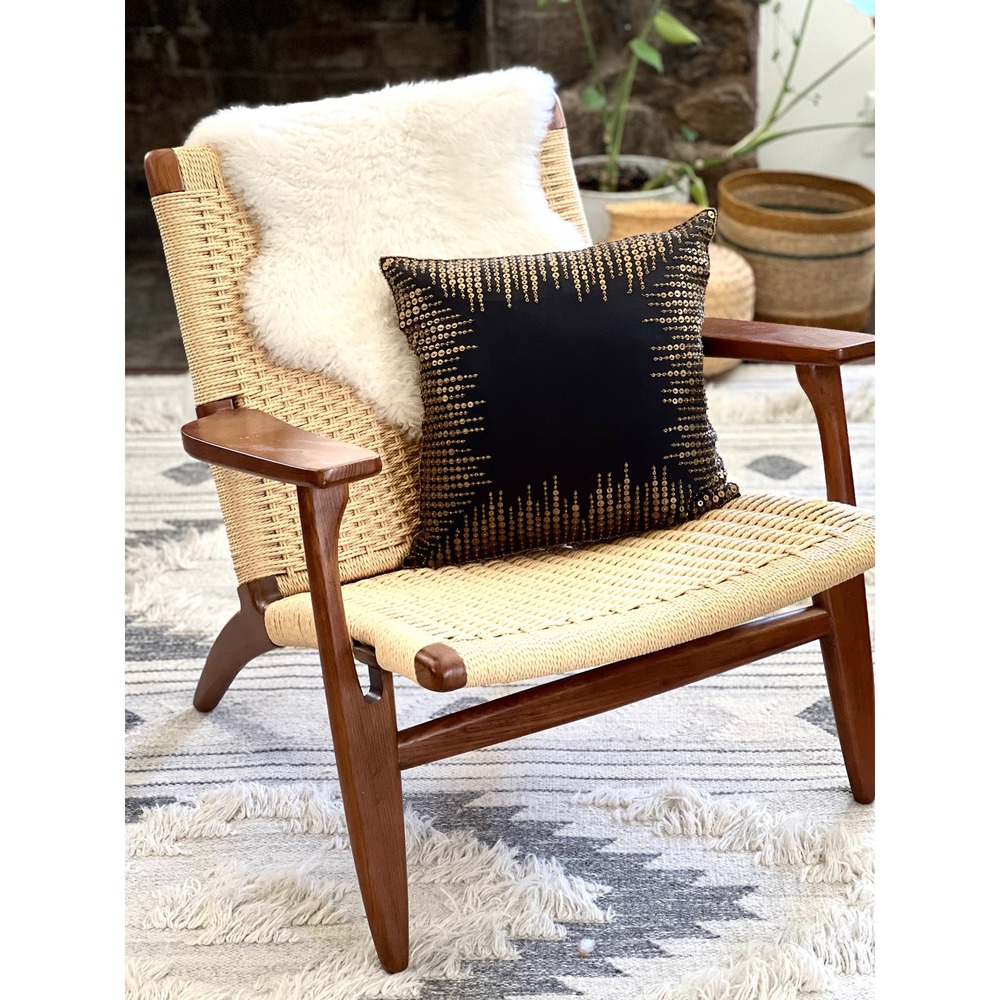 ZODAX Throw Pillow Cover 16" Square Sequined Embellished Black Gold Boho NWOT